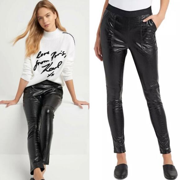 KARL LAGERFELD High Waist Croc-Print Faux Leather Pants Leggings Black Swiftie - Picture 1 of 9
